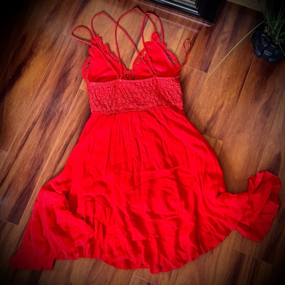 Southern Fried Chics Flirty Flare Lace Cutout Strappy Elegant Vibrant Red Dress - Picture 9 of 10